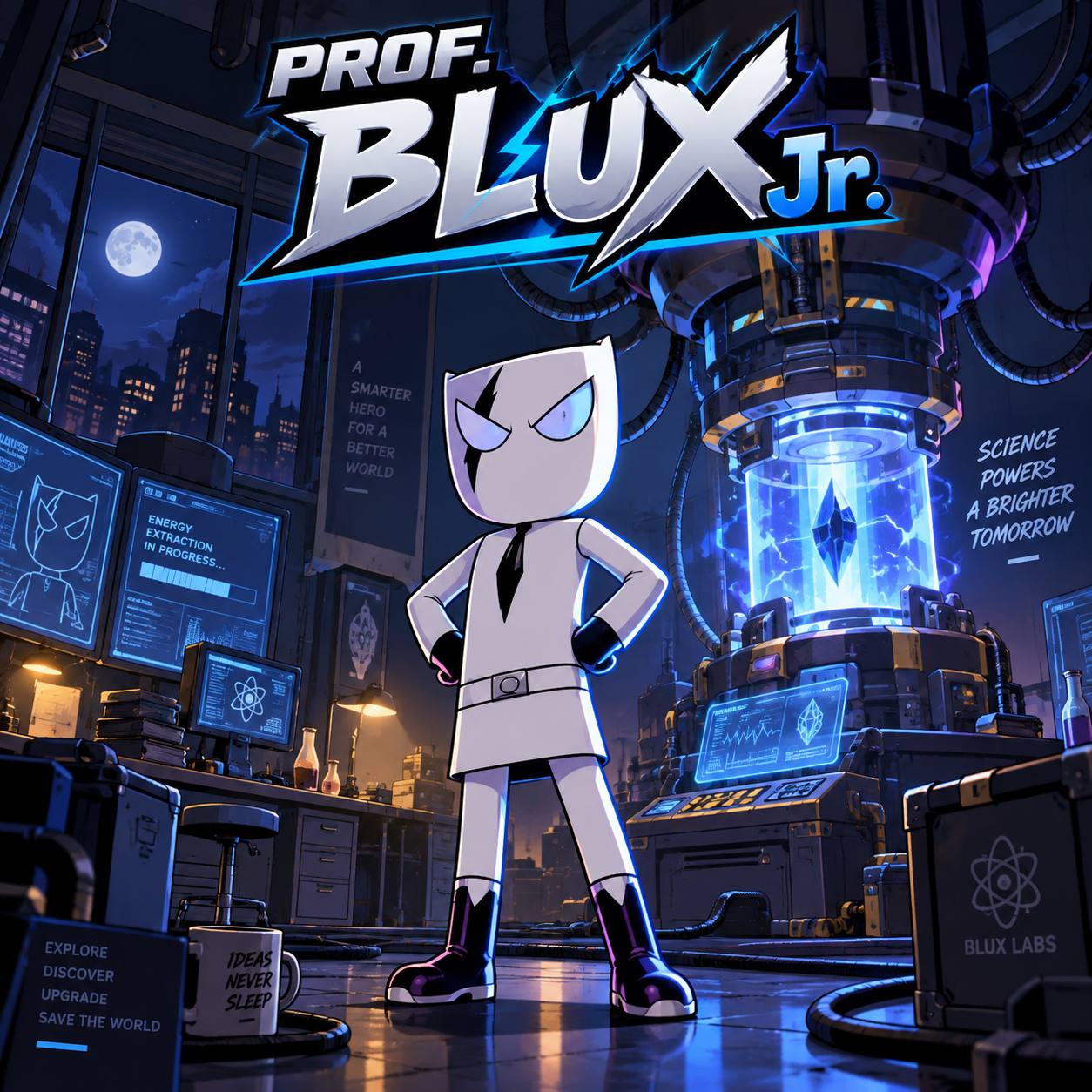 Prof. Blux Jr di laboratorium futuristik Blux Labs